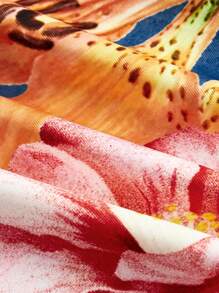 SHEIN MOD Plus Size Women Retro Floral Print Fitted Asymmetrical Open Shoulder Top, Faux Pearl Decor, Romantic Gothic Aesthetic, Hawaiian Style Vacation Wear, Y2K Vintage, Hippie, Western, Summer,Bohemian Halter Neck Top - Apricot - View 4