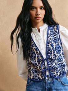 Poéselle Women's Vintage Floral Print Front Tie Camisole Vest