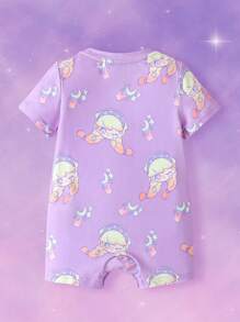Pop Mart Azura X SHEIN Baby Girl Cartoon Pattern Dreamy & Cute Kid-Inspired Purple Short Sleeve Romper