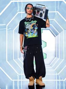 Rick and Morty X SHEIN Áo thun nam tay ngắn cổ tròn họa tiết hoạt hình - màu đen - Xem 6