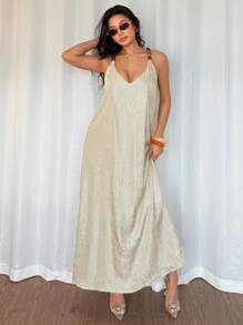 DAZY Women's Loose V-Neck Bead Decor Mid-Length Casual Dress, Summer Maxi Dress - Apricot - View 3