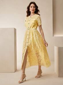 Anewsta 夏季优雅水溶刺绣中长款短袖收腰镂空迷你连衣裙 - 黃色 - 查看 7