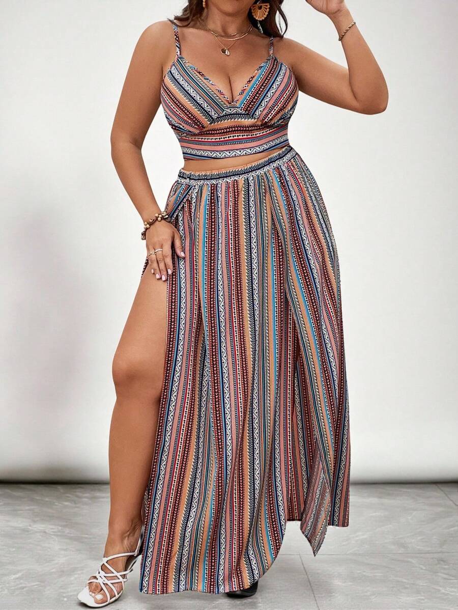 SHEIN VCAY Plus Striped & Chevron Print Cami Top & Split Thigh Skirt Spring Summer Women Clothing - Multicolor - View 1