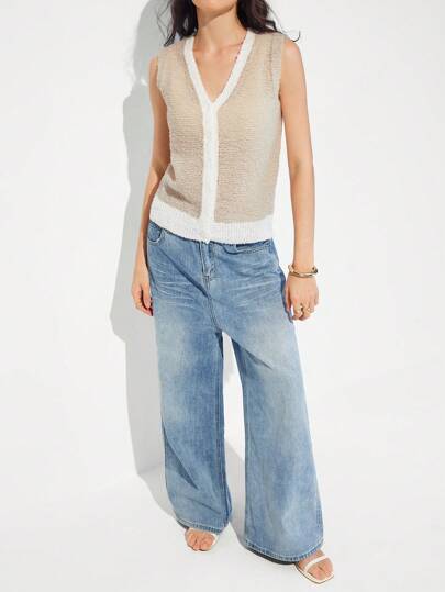 Roylia Áo vest không tay cổ chữ V dệt kim màu đơn giản hàng ngày dành cho nữ