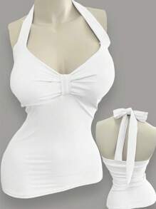 INAWLY Women's Halter Neck Bow-Tied Backless Top, Sexy & Elegant - White - View 1