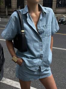 DAZY 2 件套女士夏季方领短袖开衫和牛仔迷你裙套装，休闲度假风格