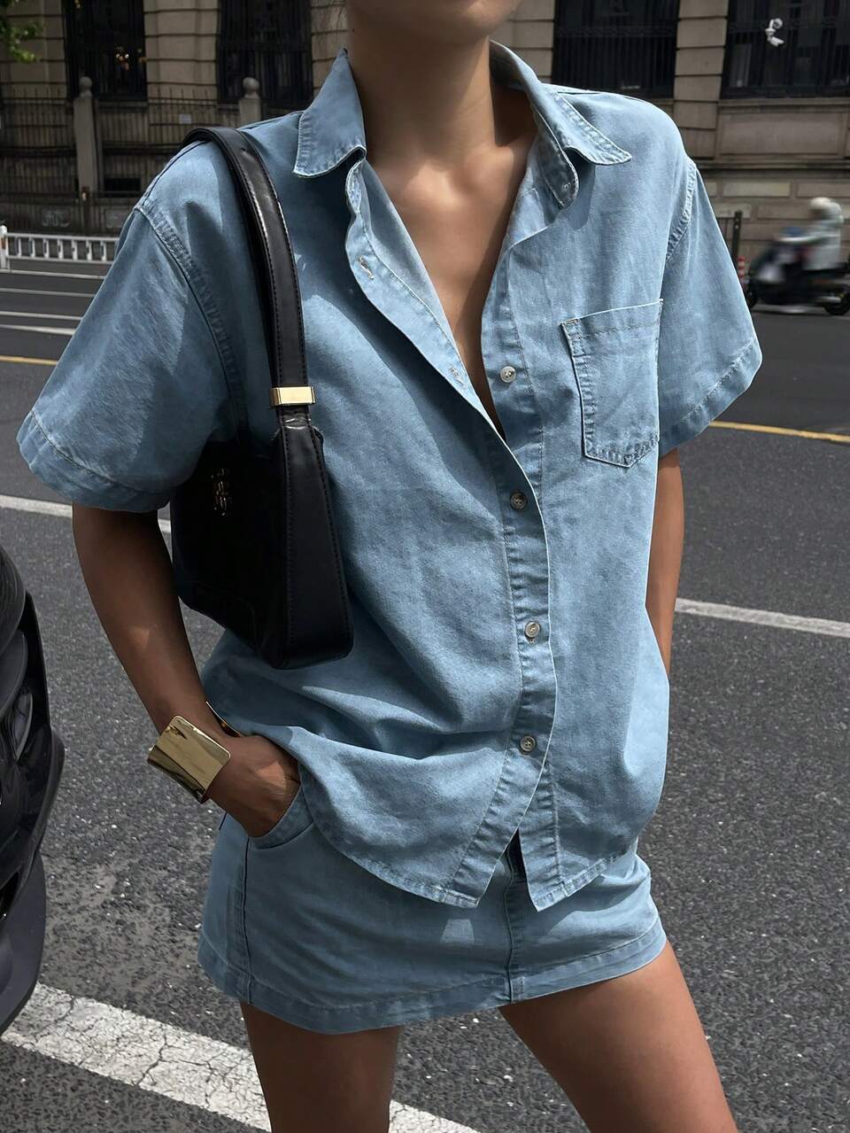 2pcs Women Summer Squarish Collar Short Sleeve Cardigan And Denim Mini Skirt Co-Ord Set, Casual Vacation Style