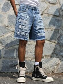 Manfinity EMRG Men's Ripped Denim Shorts Blue Jean Shorts With Frayed Hem And Studded Sides Avant-Garde Hip-Hop Streetwear Style - Blue - View 4