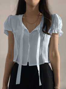 DAZY Women's Solid Color Tie Front Short Sleeve Cropped Elegant Blouse
