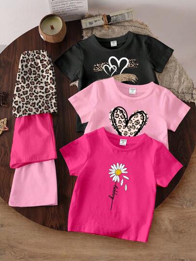 SHEIN Conjunto de 3 piezas para niñas jóvenes con estampado de leopardo, corazón y flor, camiseta con eslogan estampado + pantalones cortos, adecuado para niñas pequeñas, ropa de verano para niñas, conjuntos de ropa para niñas jóvenes, camisetas gráficas de manga corta, conjuntos de camisetas para niñas en vacaciones de verano