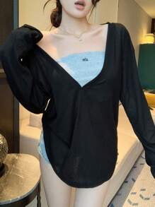 DAZY 女士休闲宽松简约深V领长袖长T恤，夏季 - 黑色 - 查看 6