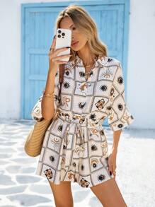 Vivid Eden 女式正面纽扣全印花正面系带休闲连身裤 - 黑與白 - 查看 6