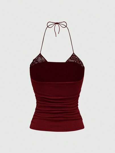 Women's Rhinestones Decorated 2 In 1 Lace Trim Halter Tank Top