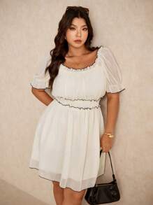Elaquor Vestido de verano de talla grande con cuello redondo, detalle en contraste, volantes, mangas abullonadas y cintura ceñida