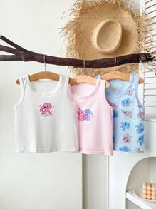Set da 3 canottiere in cotone morbido senza maniche con stampa carina 'Love' a coniglietto, colori rosa e blu, per ragazze giovani