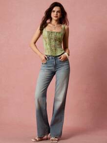 Enchnt 女式方领无袖系带花卉印花背心，夏季时尚