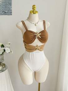 SHEIN EZwear Summer Vacation Casual Metal Starfish Buckle Contrast Color Hollow Plus Size Bodysuit - Multicolor - View 3