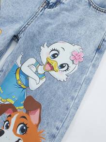 SHEIN ChillGRL 青少年女孩时尚可爱搞笑卡通动物印花浅色水洗宽松松紧腰牛仔裤 - 淺色水洗藍 - 查看 9