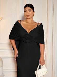 Cravure 大码女式优雅粉色网眼披肩装饰紧身长款舞会礼服