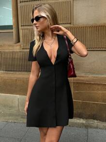 SHEIN Forever 21 Front Middle Button/Short-Sleeved A-Line/Black Knitted Short Dress/Formal/Back To School/Halloween/Wedding Guest/Vacation/Y2k/Beach /Cute/Teacher/Going Out/Business Casual/Elegant/Birthday/Office Outfits/Country Concert/Club/Western/Work Clothes/Streetwear/Vintage/Festival/Cocktail/Rave/Prom/Airport/Funny/Basic/Brunch Outfits/2000s Style/Bodycon/Old Money Style/Church/Homecoming/Classy/Party/Modest/Fairycore/Coquette/Date Night/Festival/Resort Wear/Baddie/Stockholm Style/Night Out - Black - View 1