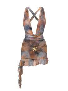 SHEIN Swim 2pcs Women Summer Beach Vacation Metallic Star Decor Ruffle Hem Random Print Backless Halter One Piece Swimsuit - Multicolor - View 3