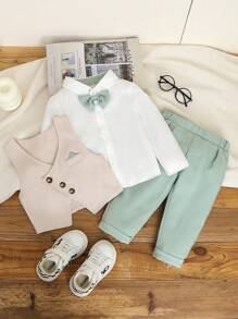 2 件套男婴正式绅士西装套装 - 纯色不对称翻领仿口袋背心和松紧腰休闲裤，（不含衬衫，不含蝴蝶结配饰），常规款式，适合所有季节，适用于生日派对、表演、婚礼、洗礼、生日庆祝和其他正式场合 - 彩色 - 查看 5