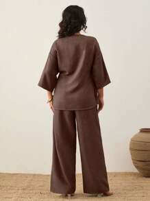 EURMUSE Women's Plain Casual Asymmetric Short Sleeve Top And Casual Wide Leg Pants - Chocolate Brown - View 2