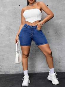SHEIN SXY Quần short jean lưng thun cho nữ cỡ lớn, dáng thường ngày, Xuân/Hè - Rửa trung bình - Xem 5