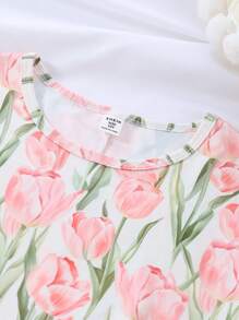 青少年女孩粉色简约时尚全印花郁金香花卉印花荷叶边下摆长款睡衣/睡袍返校时尚 - 彩色 - 查看 7