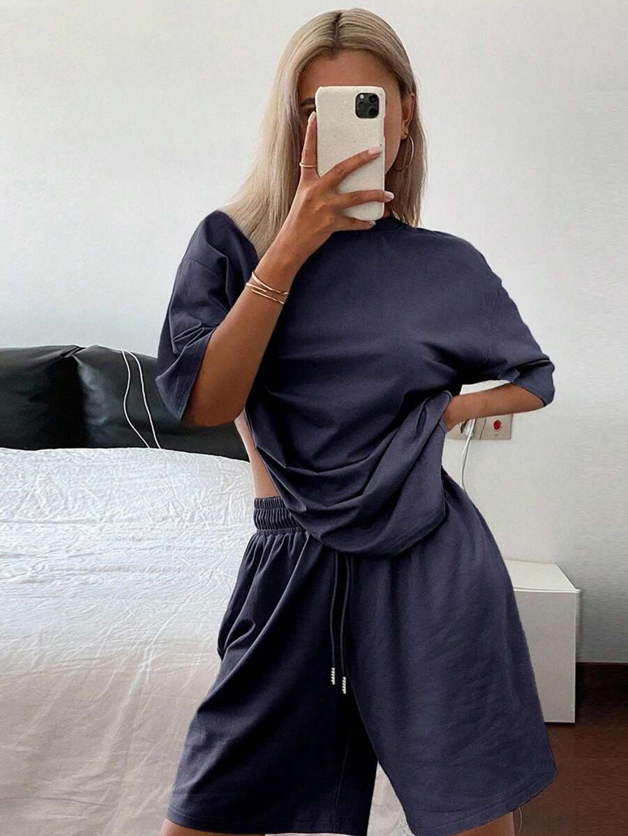 Livesso 2pcs/Set Women Summer Beach Vacation Style Loose Casual T-Shirt Set