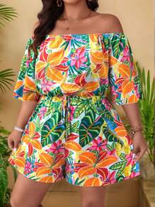SHEIN Holidaya Mono casual con estampado hombros descubiertos para mujer talla grande