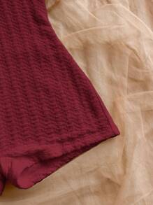 Dreamara Plus Size Women Vacation White Knitted Crinkle Texture Deep V Halter Tied Waist Fitted Jumpsuit, Suitable For Party, Valentine's Day, Date, Layering - Burgundy - View 5