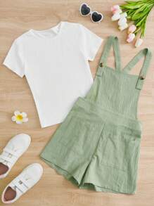 SHEIN Teen Girls Solid Tee & Dual Pocket Pinafore Romper