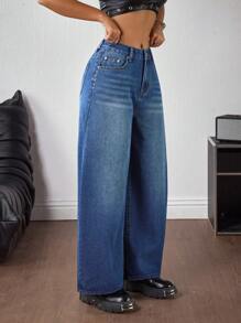 SHEIN ICON 女式蓝色宽松休闲夏季时尚百搭牛仔裤 - 藍色 - 查看 4