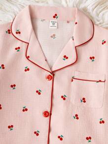 Conjunto de pijama estilo colegiala para niñas preadolescentes, color albaricoque con estampado lindo de cerezas, pantalones largos y camisa de manga larga, ropa casual para el hogar - Rosa - Ver 6