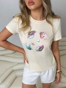 Roylia Women's Summer Beach Elements Print Short Sleeve Round Neck T-Shirt