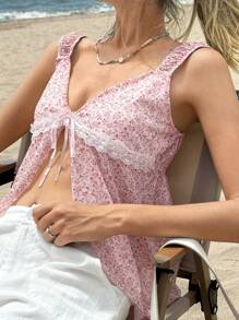 Jouncy Women's Ditsy Floral Lace Insert Tie Front Camisole Top, Summer Holiday Style - Multicolor - View 4