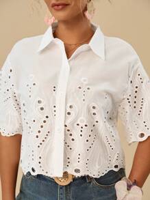 Travachic Plus Size Áo Sơ Mi Tay Ngắn Màu Trơn Thêu Rỗng Có Nút Cài Phía Trước, Mùa Hè Thường Ngày - trắng - Xem 6