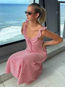 Strévra Rochie midi în carouri roșii pentru femei, cu bretele spaghete, model coadă de pește, ținute de plajă, haine pentru întoarcerea la școală