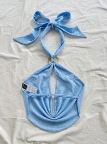 Soleia Top casual sin mangas de mujer para vacaciones, con cuello cruzado drapeado y espalda abierta con mariposa anudada, hecho de tela texturizada de punto, con decoración de concha metálica, para fiestas, citas, sexy, té de la tarde, playa, verano