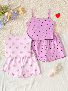 SHEIN Leap Crew 4 件套女童卡通猫咪和心形印花荷叶边吊带上衣和短裤舒适休闲睡衣套装 - 淡紫色 - 查看 1