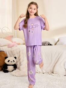 SHEIN 女童卡通印花圆领短袖睡衣上衣和裤子套装 - 紫色 - 查看 3