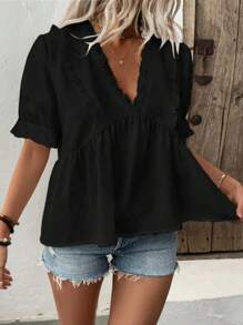 Calvaya 大码女式V领荷叶边宽松泡泡袖衬衫 - 黑色 - 查看 5