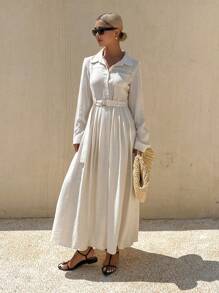Livesso Vestido camisero de verano para mujer con cuello alto, cintura ceñida y falda acampanada hasta la pantorrilla de lino, vestido largo de manga larga de otoño estilo bohemio para vacaciones - Blanco - Ver 6