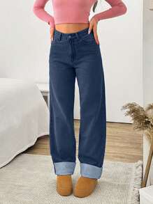 EURMUSE HIGH RISE STRAIGHT FOLDED UP HEM JEAN - Dark Wash - View 4