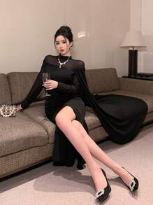 DAZY Women's Chiffon Patchwork Mock Neck Cape Style Bodycon Dress,Elegant Black Autumn Party Birthday Dining Dress,Plus Size Casual Spring/Summer Clothes - Black - View 2