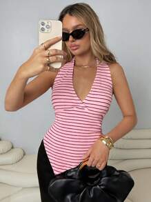 SHEIN Women's Elegant Striped Slim Fit Sleeveless Top With Asymmetrical Hem, Suitable For Summer - Multicolor - View 5