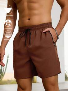 Manfinity Swimmode Men's Solid Simple Casual Beach Shorts(Random Print) - Chocolate Brown - View 5
