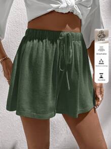 Easowa Quần short nữ vải linen phong cách casual, phù hợp cho mùa xuân & mùa hè, quần short xanh cho nữ, quần short linen mùa hè, quần short rộng, quần short thoải mái - xanh quân đội - Xem 3