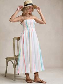 SHEIN LUNE Vestido de mujer con estilo de vacaciones de verano, de Body fruncido con estampado de rayas de colores y volantes - Rosa - Ver 5